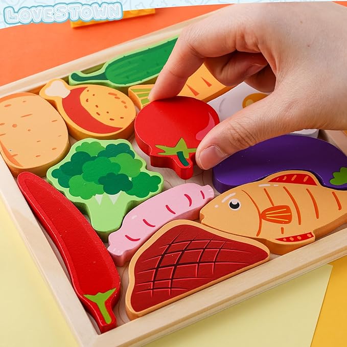 LovesTown 12PCS Wooden Food Stacking Puzzles, Chunky Jigsaw Puzzles, Montessori Toys Educational Preschool Activities Fine Motor Toys for Kids