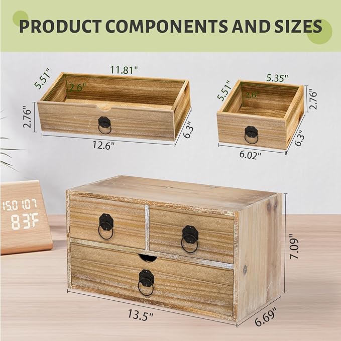 Washed White Wood Desk Organizer, Mini Desktop Organizer with Drawers, Tabletop Storage Organization for Home Office Supplies Vanity, No Assembly Required (3 Drawer)