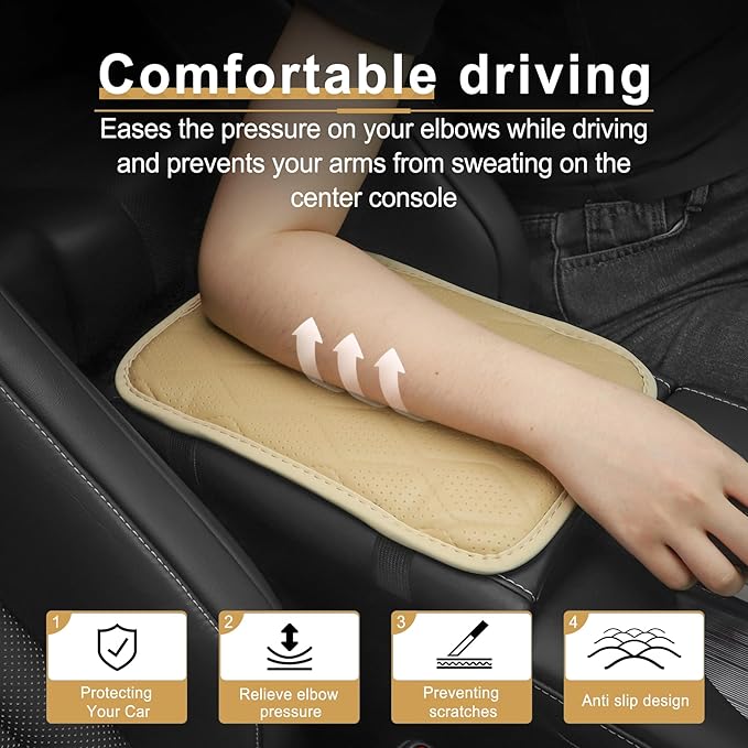 Amiss Auto Center Console Pad, Universal Waterproof Car Armrest Seat Box Cover, Car Interior Accessories, Breathable Leather Auto Armrest Cover Protector for Most Vehicle, SUV, Truck, Car (Beige)