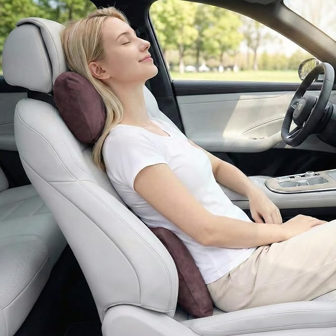WELBRIT 2PCS Car Pillow for Car Neck Pillow for Driving Seat Lumbar Support Soft Cushion with Extra Filling Accessories Back Support for Travel Nap and Trips Sleeping (Coffee, Head and Lumbar)