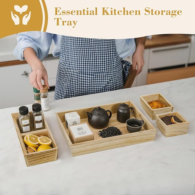 Rustic 8 Piece Wood Desk Drawer Organizer Tray, Nightstand Organizer, 4 Size Wooden Drawer Divider Organizer Set For Office Vanity Makeup Jewelry Bedroom Clothes Storage(Natural)