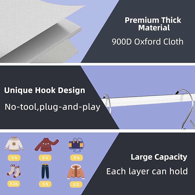 Twira 6-Shelf Hanging Closet Organizer, 2 Separable 3-Shelf Hanging Shelves, Hanging Storage with 3 Removanle Drawers 4 Side Pockets for Wardrobe, Nursery, Drom, Baby Clothes Organization Light Grey