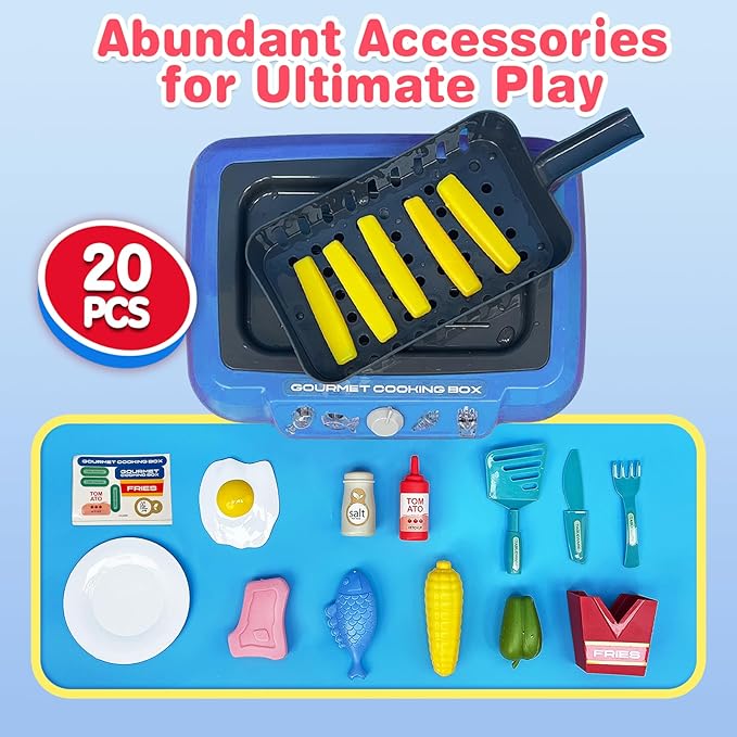 Cooking Simulator Toy with Color Changing Accessories, 20 PCS Fun Frying Kit Gourmet Cooking Box, Magic Fry Simulation Cooking Toy with Sound & Light & Bubble Grill Surface for Kids 3-8-Blue