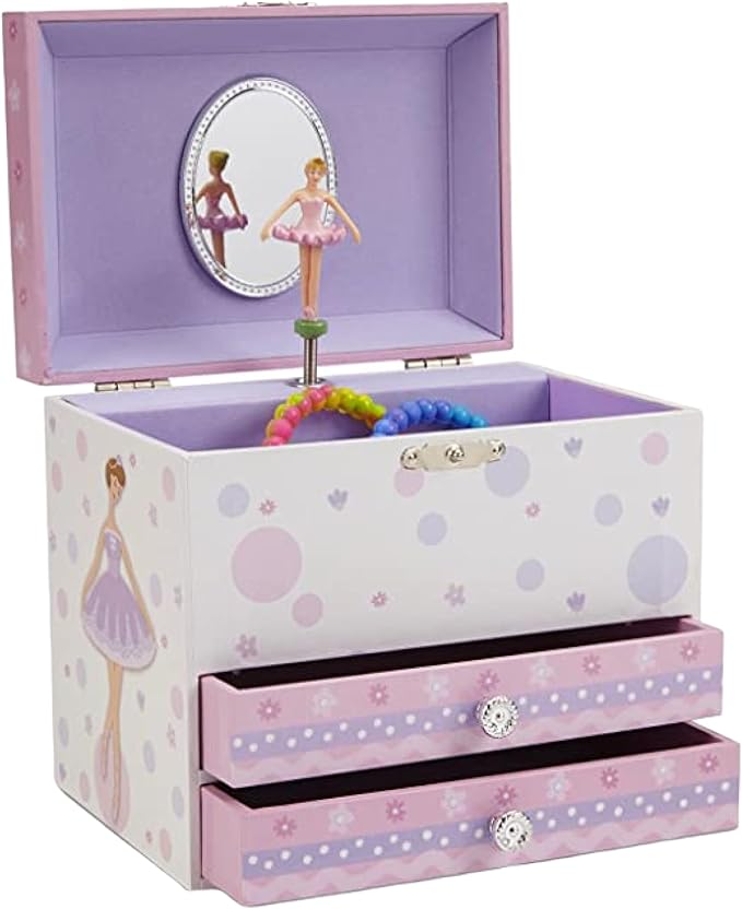 Jewelkeeper Jewelry Box - Jewelry Box for Girls with Ballerina and Music Box - Dual Drawers and Spacious Storage - Swan Lake Tune - White and Purple Keepsake Box - 6 x 6.75 x 5.25 Inches