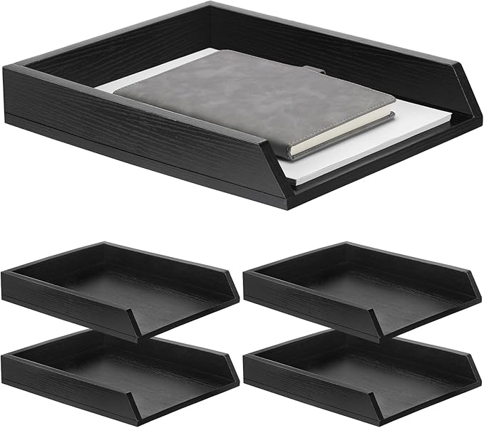 DoubleFill 4 Pcs Wooden Letter Trays Wood Letter-Size Desk Organizer Heavy Duty 2 Tier Stackable Supports Paper Tray Desktop Drawer Organizer File Folder Magazine Office Accessories (Black)
