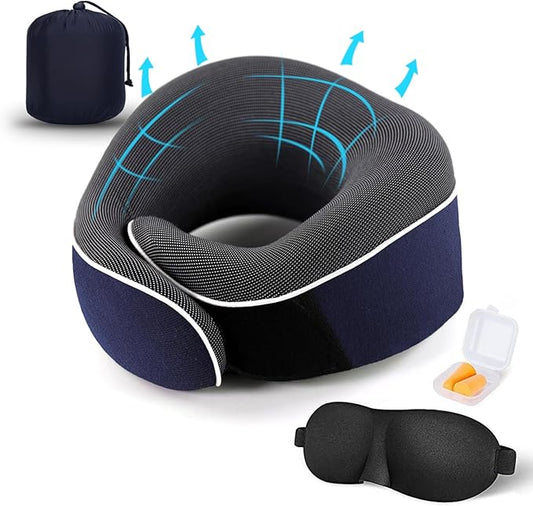 TALLGO Travel Neck Pillow, Best Memory Foam Airplane Pillow for Head Support Soft Adjustable Pillow for Plane, Car & Home Recliner Use (Blue)