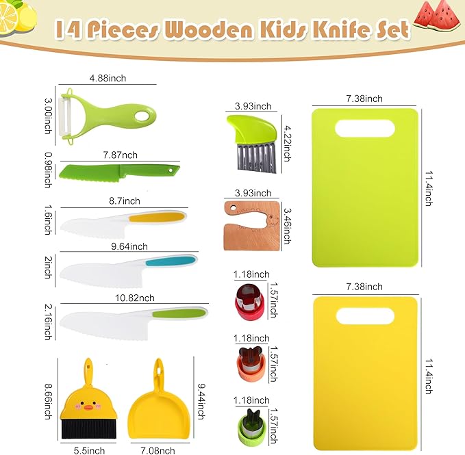 14 PC Kid Safe Knife Set for Real Cooking Toy for Age 2+ , Montessori Kitchen tools for Toddlers Mini Chef 2-4 5-7 6-8 Year Old Kids, Christmas Toy Gifts for 2 3 4 5 6 7 8 9 Year Old Girl Boy Birthday