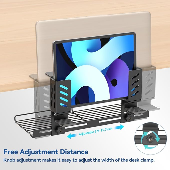 KDD 3-in-1 Laptop Stand Holder Storage, Adjustable Under Desk Cable Management Tray with Headphone Hanger and Cable Ties, No Drill Clamp on Desk Side Organizers Suitable for Laptop/Tablet/Headphone