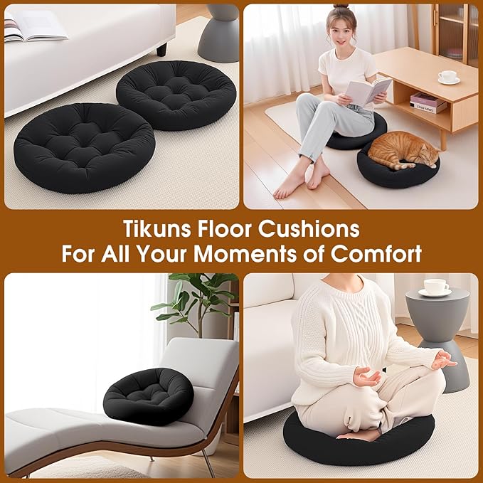 4Pcs Floor Pillows for Adults, 22x22x6 Inch Meditation Cushions, Large Round Sitting Cushion Living Room Memory Foam Pillow for Sitting (4, Black, 22x22x6 Inch)