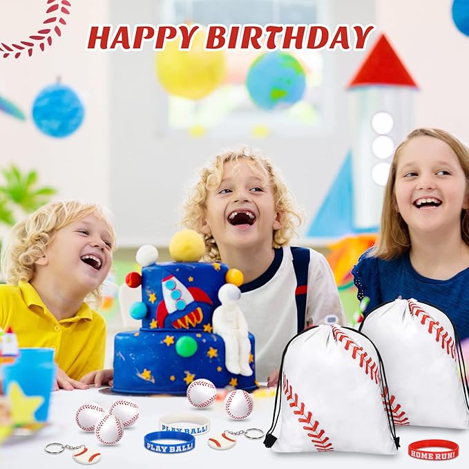 LEIFIDE 48 Pcs Basketball Soccer Football Baseball Party Favors Supplies 12 Silicone Bracelet 12 Drawstring Treat Bag 12 Mini Stress Ball 12 Keychains for Birthday Sports Party Supplies(Baseball)