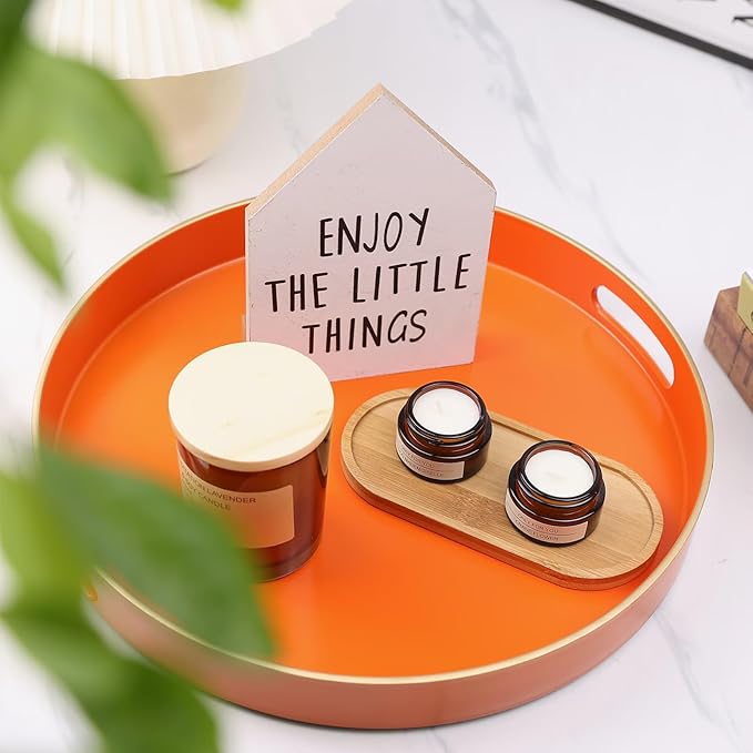 Omuriko Orange Round Decorative Tray with Handles, 13" Versatile Serving Tray for Coffee Table, Ottoman, Ideal for Serving, Displaying, Organizing