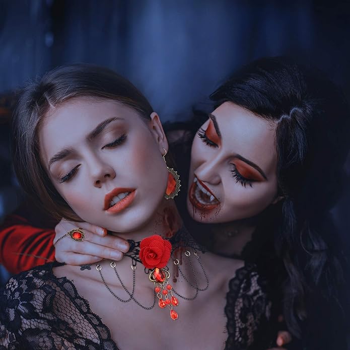 Hicarer 13 Pcs Halloween Vampire Costume Jewelry Gothic Devil Vampire Choker Bracelet Earrings Vampire Teeth Fangs Red Black Lolita Pendant Choker Jewelry for Victorian Vampire Cosplay Zombie Party