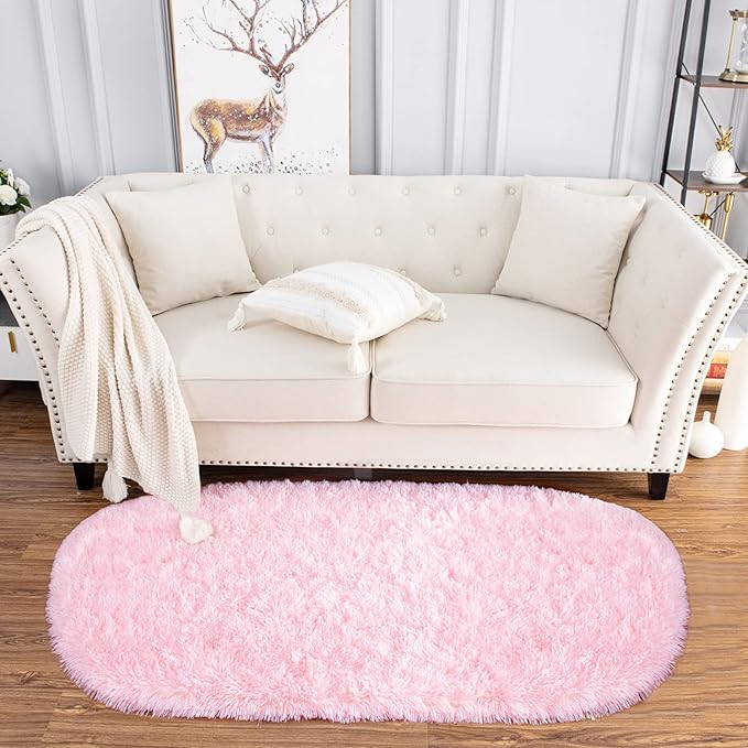 Noahas Fluffy Pink Rugs for Bedroom Girls,2.6' x 5.3' Oval Shaggy Fuzzy Living Room Carpet,Soft Area Rugs for Kids Room,Thick Plush Bedside Nursery Rug,Cute Room Decor for Teen Girls