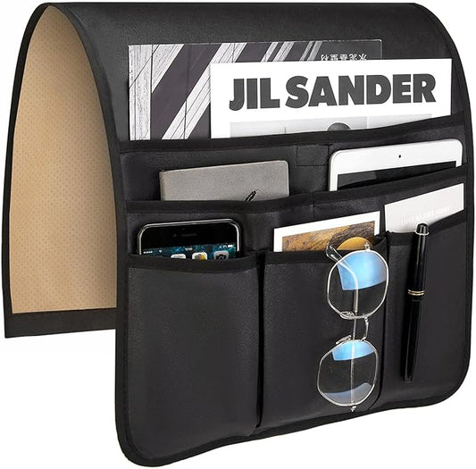 Teniux Remote Control Holder Faux Leather Armrest Organizer with 6 Pockets for recliner couch sofa, Armchair Caddy for Smart Phone, Book, Magazines, Ipad, Remotes (Black)