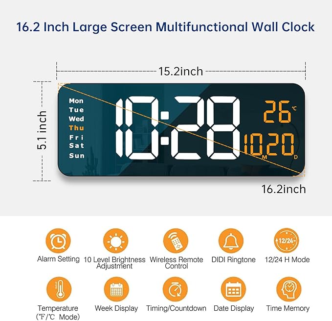 16.2" Large Digital Wall Clock with LED Display, Remote Control, Automatic Brightness Dimmer, Big Clock with Date, Week, Temperature, Orange