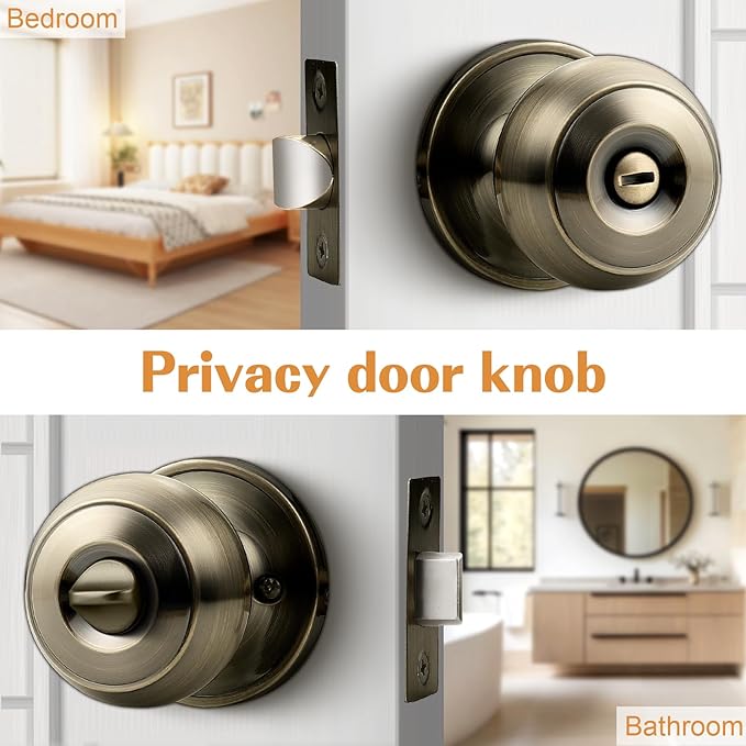Probrico Bed/Bath Keyless Privacy Interior Door Knobs, Antique Brass Door Knobs 3 Pack