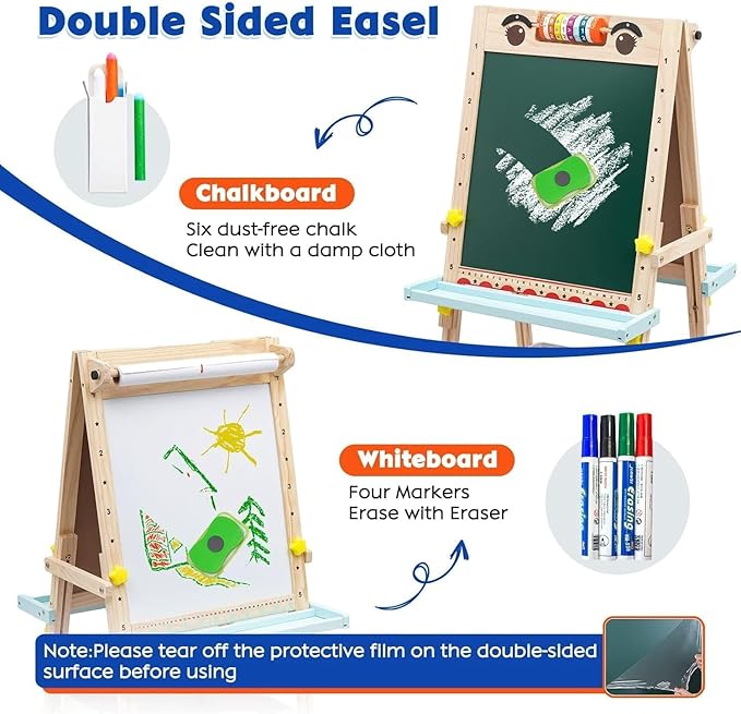 Kids Easel with Paper Roll Wooden Art Easel Height Adjustable Standing Easel with Bead Numbers Alphabet Animal Accessories Double-Sided Whiteboard & Chalkboard for Boys Girls 3 4 5 6 7 8