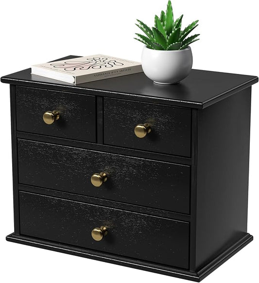 Oak Desk Organizer with Drawers, Durable Wooden Desktop Storage Box with Metal Handles & Non-Slip Silicone Pads, 4 Drawer Tabletop Organizer for Office, Bedroom, Bathroom, Vanity, and Makeup – Black