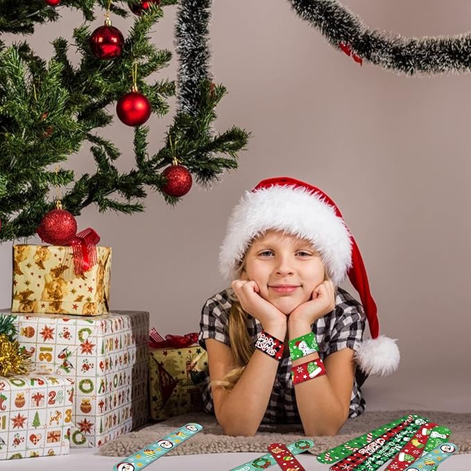 CCINEE 48Pcs Christmas Slap Bracelets，Xmas Slap Wristbands Assorted Christmas Theme Pattern Snap Wristbands for Kids Christmas Party Favors Gift Bag Filler