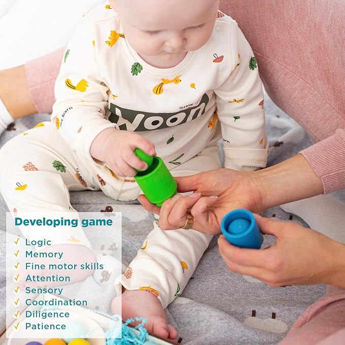 Ulanik Rainbow Balls in Cups Toddler Montessori Toys for 1+ Year Old Kids Wooden Matching Game for Learning Color Sorting and Counting — 7 Balls, 1.18 in