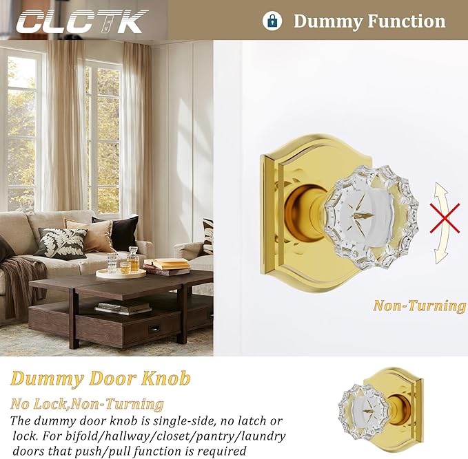 CLCTK Crystal Glass Dummy Door Knob, Closet Bifold Gold Dummy Door Handles Non-Turning Single Side, Polished Brass, 2 Pack