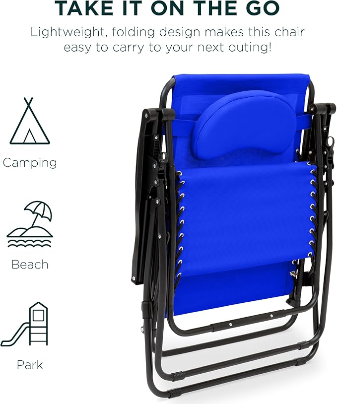 Best Choice Products Oversized Zero Gravity Chair, Folding Outdoor Patio Lounge Recliner w/Cup Holder Accessory Tray, Pillow - Cobalt Blue