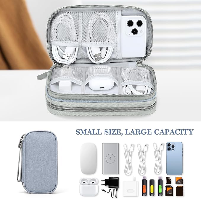 FYY Electronic Organizer, Travel Cable Organizer Bag Pouch Electronic Accessories Carry Case Portable Waterproof Double Layers All-in-One Storage Bag for Cable, Charger, Phone, Earphone Light Grey