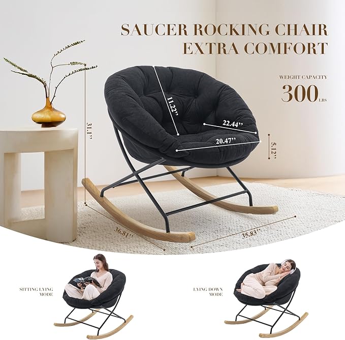 COLAMY Rocking Chair Nursery, Upholstered Glider Rocker Accent Chair Saucer Armchair with Comfy Cushions, Wood Base and Metal Legs for Living Room, Bedroom, Office, Black