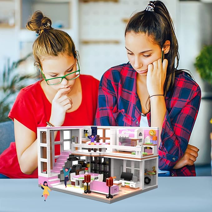 Friends Duplex Apartment Building Block Sets, Mini Pink Dream House Kitchen Home Cottage Collectible Display Modular Decor Bricks Kits Birthday Gifts Ideas for Adults Teens 8-12 14+ (1221 PCS)