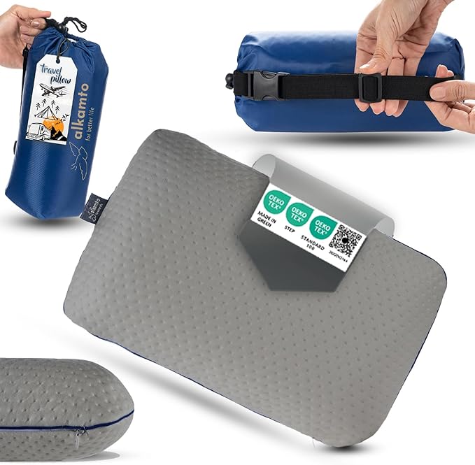 alkamto Travel & Camping Comfortable Memory Foam Pillow – Easy to Carry Portable Bag – Temperature Regulating Pillow Case (Grey)