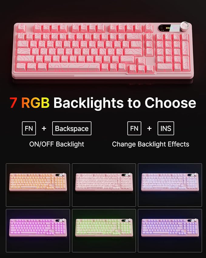V102 Wired Keyboard, 98 Keys Creamy Gaming Keyboard with Number Pad, Display Screen & Media Knob RGB Silent Wired Cute Computer Keyboard for Laptop PC Gamer - Light Pink