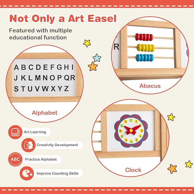 Costzon 3 in 1 Kids Art Easel, 360°Rotating Double-Sided Wood Easel w/Magnetic Whiteboard, Chalkboard & Paper Roll, Large Storage Tray, Alphabet Abacus, Standing Drawing Board for Toddlers Boys Girls