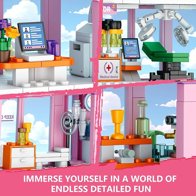 QLT QIAOLETONG Friends City Hospital Building Set, Ambulance Truck with Hospital Bed Wheelchair Playset Birthday, Gift for Boys Girls Kids 6+ Years Old-Compatible with Lego for Girls Age 8-12