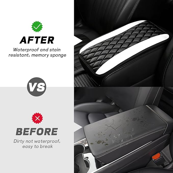 ongfuwu Car Center Console Cushion Pad, 12.72"×7.52" Leather Waterproof Auto Armrest Seat Box Protector, Car Center Console Cover, Universal Interior Decor Car Accessories for SUV Truck (White)