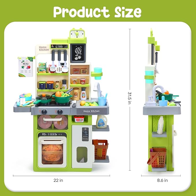 HOLYFUN Kids Kitchen Playset, Pretend Play Kitchen with Sounds and Lights, Cooking Stove Steam,Play Sink and Play Food,Toy Kitchen Set for Kids Toddlers, Green