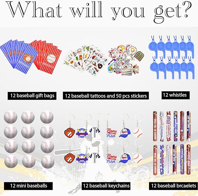 122 PCS Baseball Party Favors, Baseball Party Gifts with Mini Baseballs, Baseball Slap Bracelets, Key Chains, Whistles, Tattoos and Stickers, Baseball Birthday Decorations