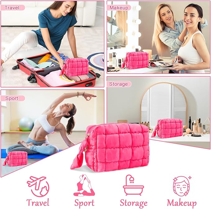 Puffer Quilted Makeup Bag Cosmetic Bags,Puffy Travel Toiletry Pouch for Women,Cute Checkered Zipper Bag Travel Essential,Portable Aesthetic Make up Organizer Bag for Gifts Work Daily(RoseRed,S)