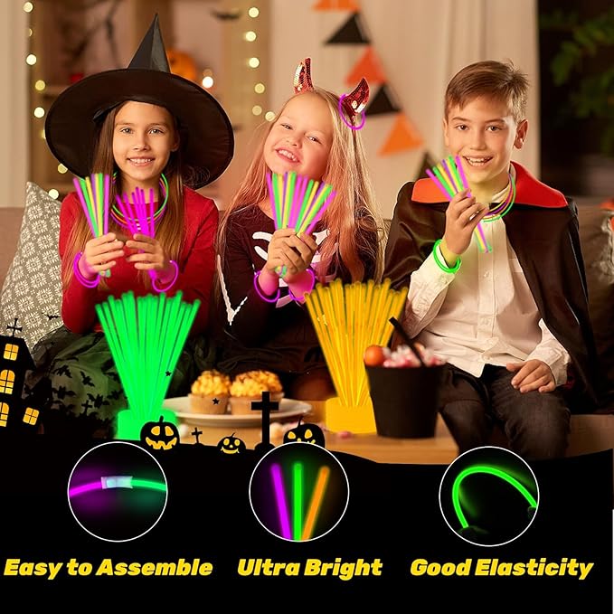75 Halloween Glow Sticks for Halloween Party Favors with Connectors, Purple Orange Green Halloween Glow in the Dark Party Supplies, Halloween Goodie Bag Fillers (Purple+Green+Orange)