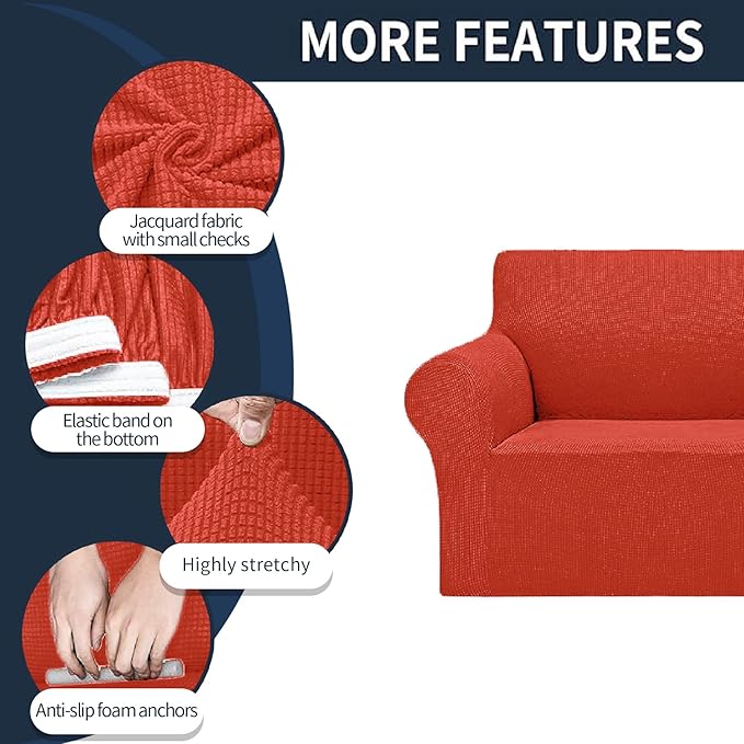 2025 New Stretch Sofa Slipcovers Couch Cover for 3 Cushion Furniture Protector Sofa Covers with Elastic Bottom Jacquard Fabric Small Checks for Pets, Kids -Sofa, Pureed Pumpkin