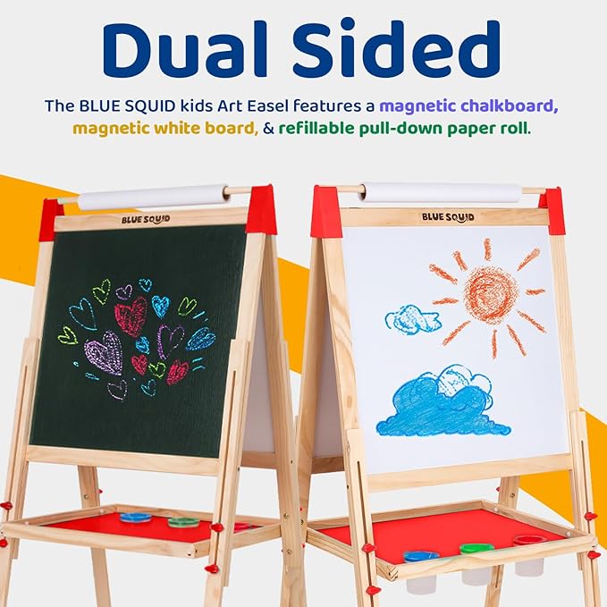 Blue Squid Art Easel for Kids - Dual-Sided Adjustable Wooden Painting Easels, Ideal Christmas Gift for Toddlers and Kid - with Magnetic Chalk Board, White Board & Paper Roll, Includes Accessories