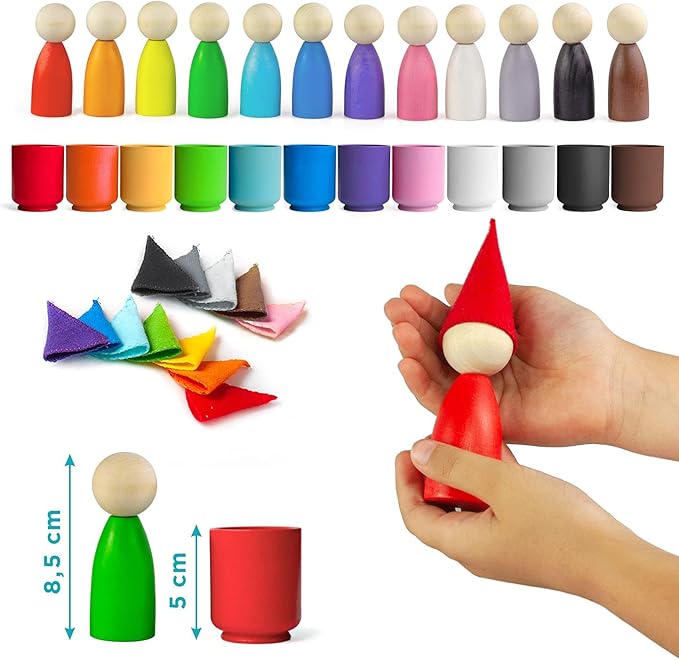 Ulanik Large Peg Dolls in Cups with Hats Toddler Montessori Toys for 3 Year Old + Wooden Waldorf Dolls for Learning Color Sorting and Counting — 12 Gnomes
