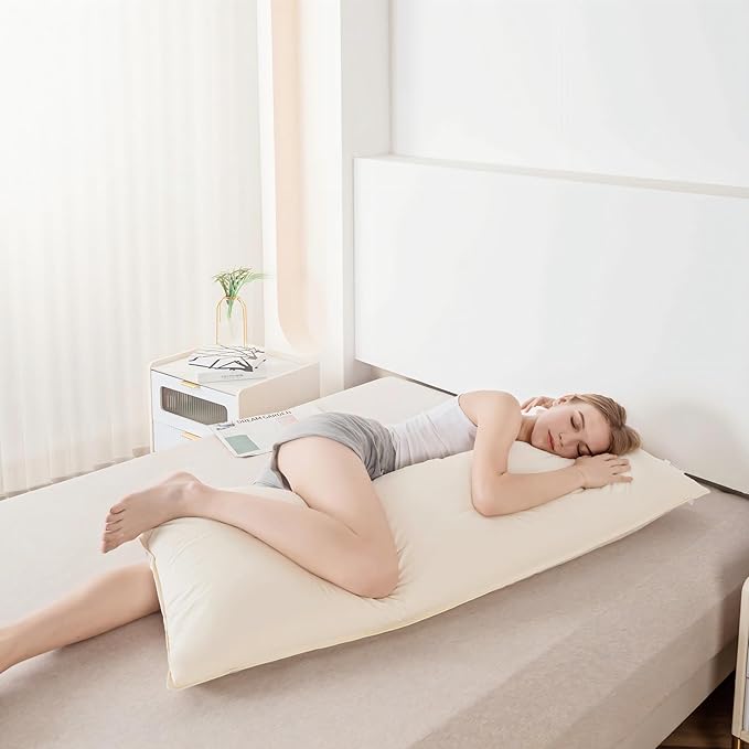 Goose Down Body Pillows for Adults, Large Body Pillow for Side Sleeper, Hugging Feather Body Pillow Insert, Cooling Full Length Long Pillow for Bed with 100% Organic Cotton Shell, (Beige 20"x60")