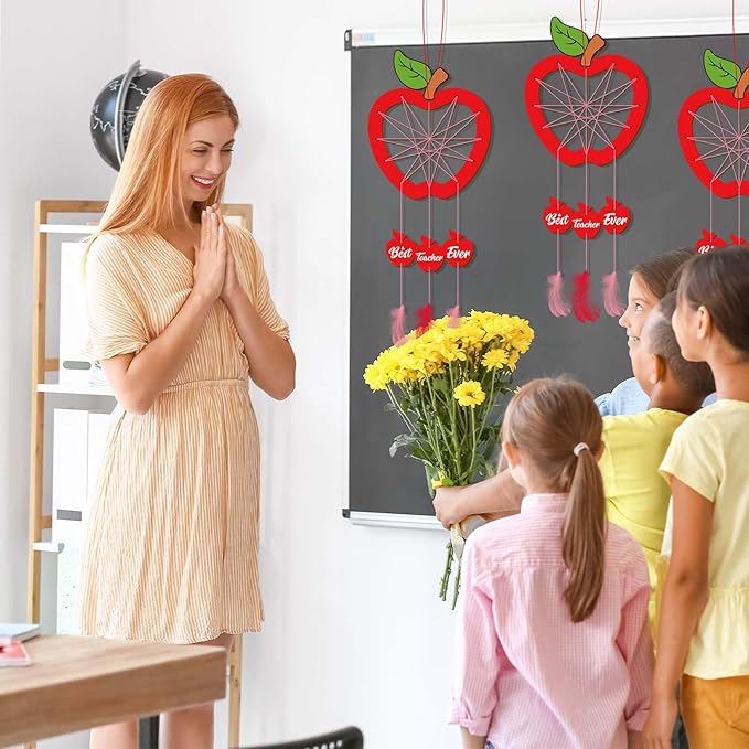 Fennoral 6 Pack Teacher Appreciation Dream Catcher Craft Kit for Kids Paint You Own Apple Dream Catcher DIY Coloring Wooden Art and Craft for Classroom Art Activity Teacher Appreciation Gifts
