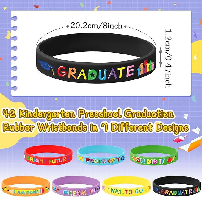 JUNEBRUSHS 42pcs Kindergarten Preschool Graduation Party Favors Silicone Bracelets Rubber Wristbands Supplies for Class of 2024 Graduation Kindergarten Preschool Party Favors Accessories