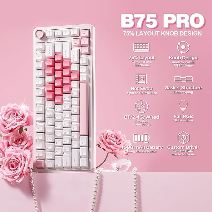 YUNZII B75 PRO Wireless Mechanical Keyboard,75% Layout with Knob,Hot Swap Gasket Structure,Creamy Pre-lubed Switches,RGB Backlit,Bluetooth/Type-C/2.4G for Win/Mac (White, Milk Switch)