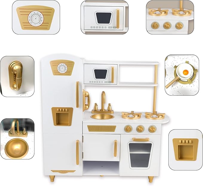 Kitchen Playset for Kids Ages 3-8, Wooden Pretend Play Kitchen with Realistic Sounds, Including Telephone, Ice Maker, Refrigerator, Dimensions: 35” H x 31” W x 12” D (White)