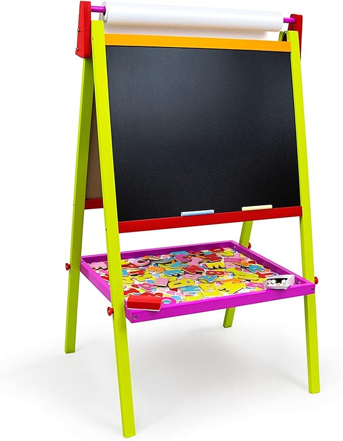 Little Artists 3-in-1 Standing Easel | Includes 75 Magnetic Letters, Rainbow Chalk, Eraser, and Easel Paper | Wooden Wonders Kids Creative Art Drawing Board | Art Class and School Teacher Activity