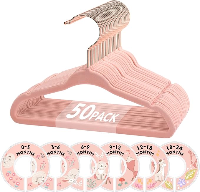 Baby Hangers, VIS'V 11 Inch Pink Velvet Kids Hangers with 6 Pcs Size Dividers Non Slip Nursery Children Closet Clothes Hangers for Infant Toddler Girls and Boys 50 Pcs
