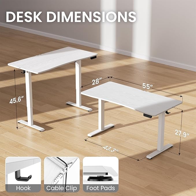 Veken 55 x 28 Inch Electric Standing Desk with Adjustable Height, Sit to Stand Computer Table for Study, Work or Gaming, Home Office Desk White