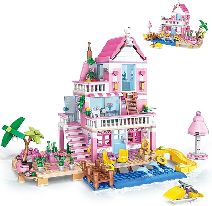 Pink Girls Seaside Beach Villa Friends Building Set Compatible with Lego Friends Construction Educational Toy for Kids Age 8-12 and Up 822 PCS